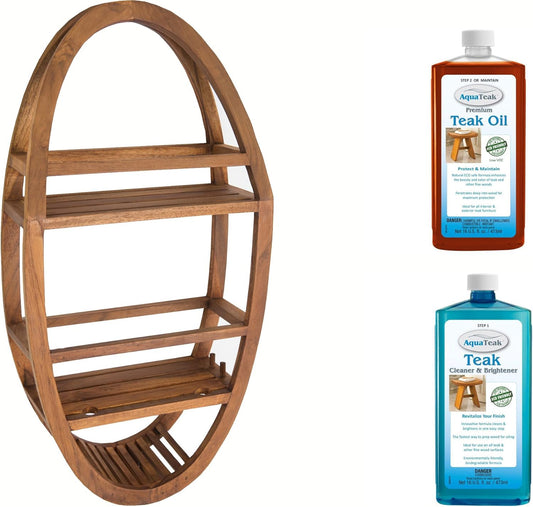 AquaTeak Patented Moa Oval Teak Shower Organizer Two-Step Care Kit