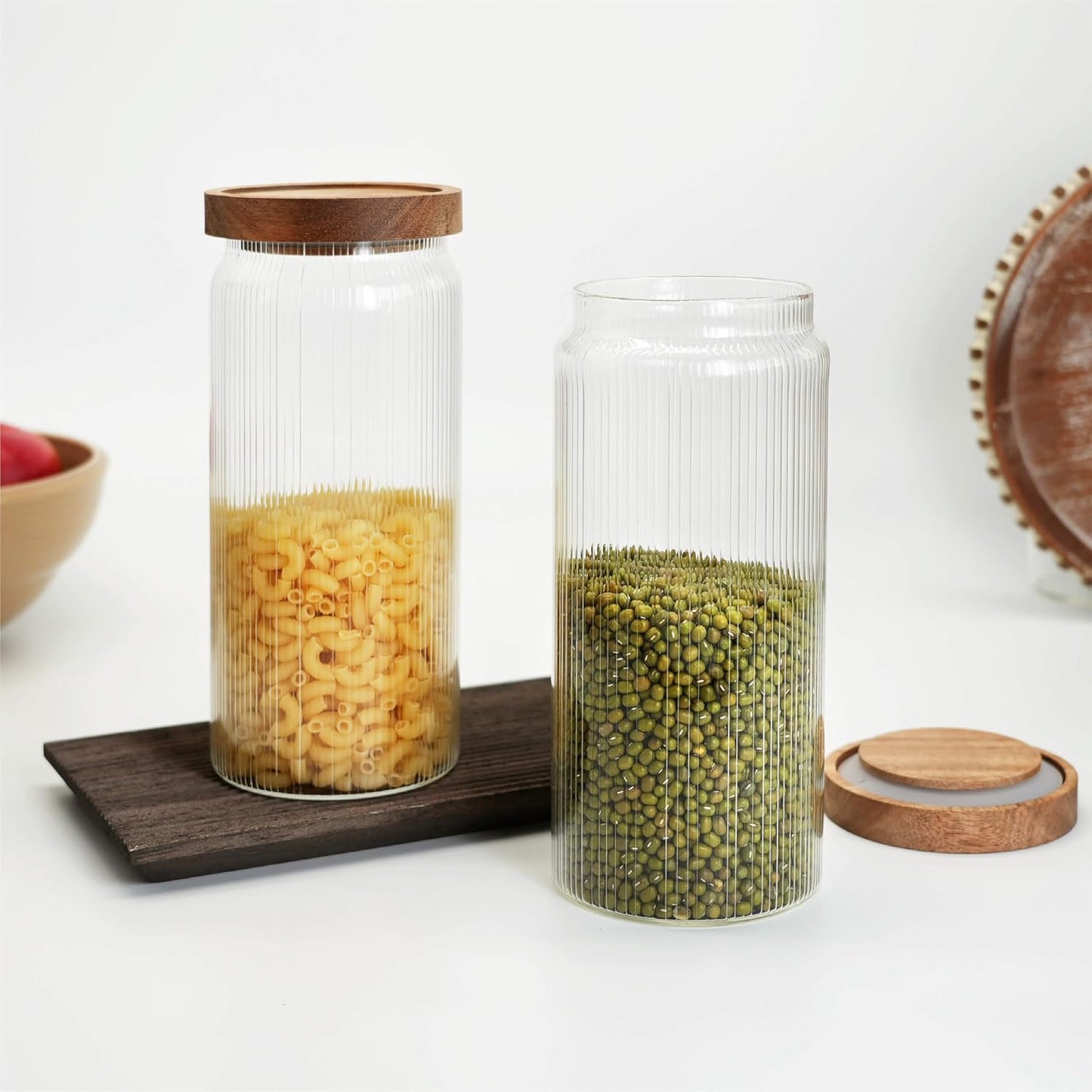 Ribbed Glass Storage Jars Set of 2 – Airtight Food Canisters with Wooden Lids, Stackable Kitchen Organizers for Coffee, Tea, Spices & Dry Goods (25.4oz)