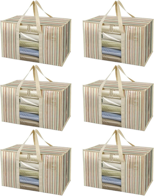 BALEINE 6-Pack Oversized Moving Bags with Reinforced Handles, Heavy-Duty Storage Tote Moving Supplies for Packaging, Camping (Color Stripe, 6-Pack)