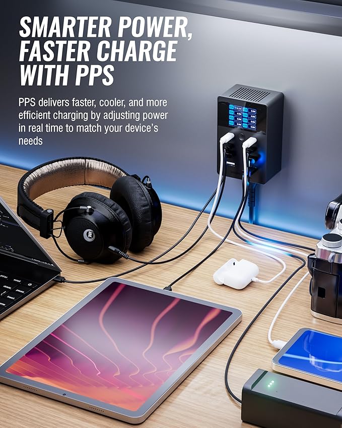 SABRENT 252W USB C Charging Station, 8-Port Desktop Fast PD Charger Block with LCD Power Display for Multiple Devices, Active Cooling – (AX-8PTC)