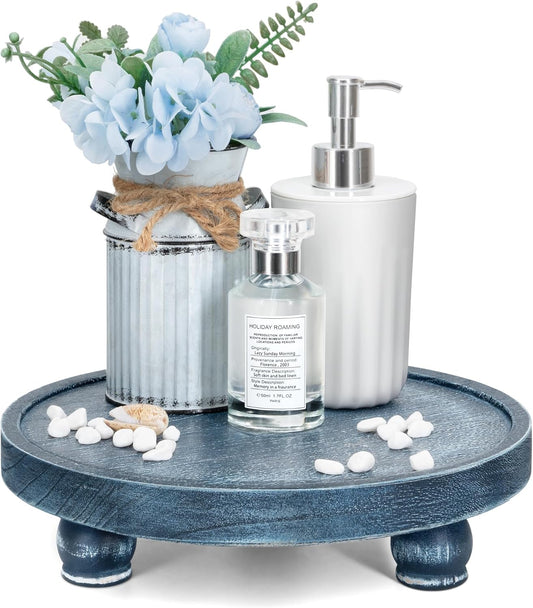 EOSAHR Decorative Display Risers for Living Room Decor - Farmhouse Wood Pedestal Stand for Kitchen Sink Organizer - Perfume Organizer for Bathroom Decor (Blue)