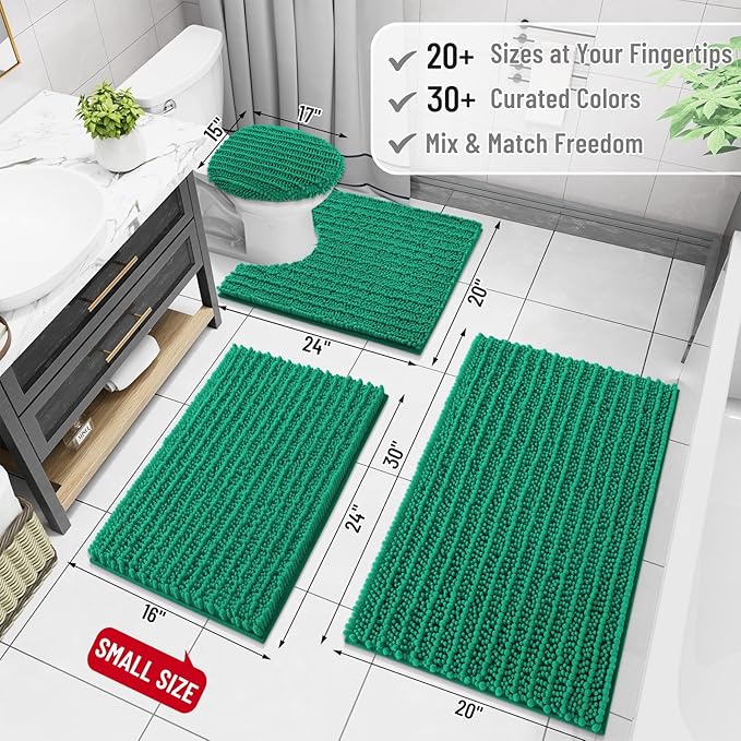 Arotive Luxury Chenille Bathroom Rug Mat, Extra Soft Thick Absorbent Shaggy Bath Rugs, Non-Slip Machine Wash Dry, Plush Bath Mats for Bathroom, Shower and Tub, 24x16, Emerald