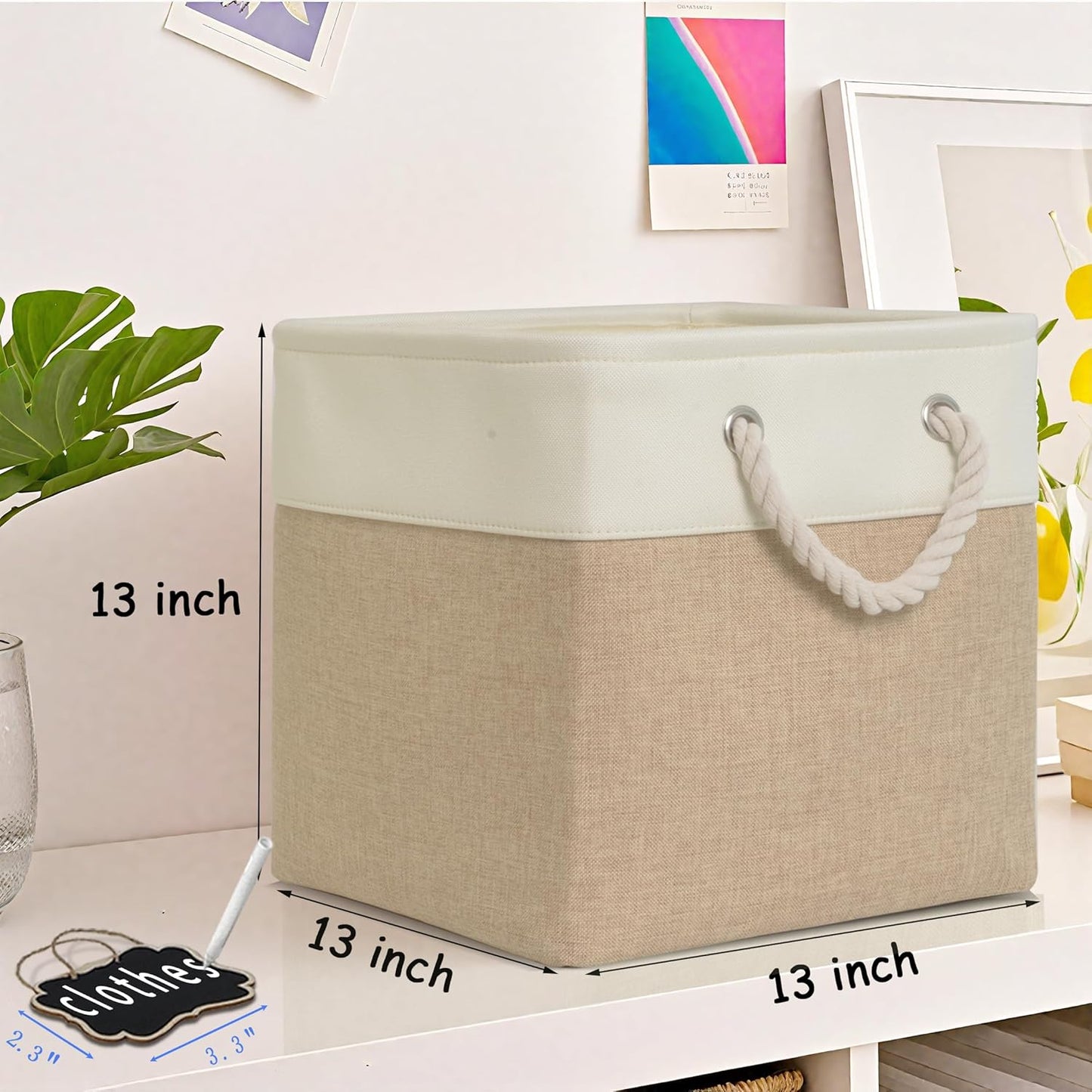 13x13x13 Storage Cubes Bins[6 Pack],Cube Storage Organizer Bins with Rope Handles, Eco-Friendly Linen Collapsible Organizers for Closet, Nursery, Toys, Office, Bathroom–Dual Color Design.(White&Khaki)