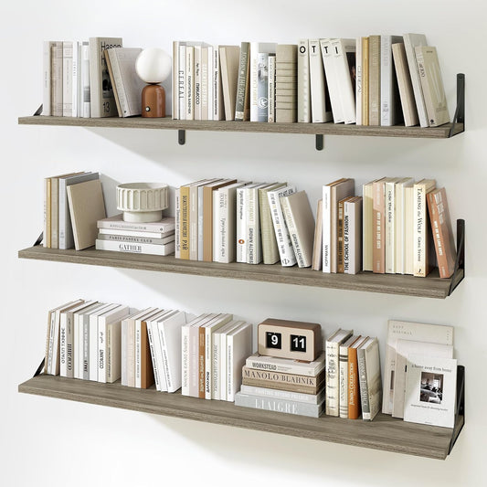 Fun Memories Extra Long Floating Wall Shelves, 48 x 8 Inches, Set of 3 Large Wood Floating Bookshelves with Metal Brackets for Storage & Display (Grey)