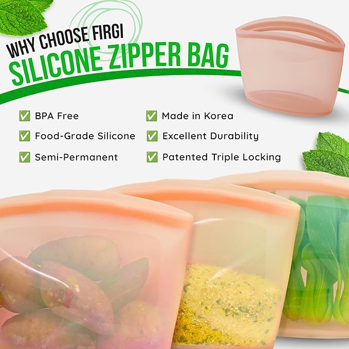 Premium Platinum Silicone Reusable Food Storage Bags 3-Pack (17 fl oz + 29 fl oz + 51 fl oz), Airtight Zip Lock Bags for Food, BPA-Free Silicone Freezer Bags, Brown