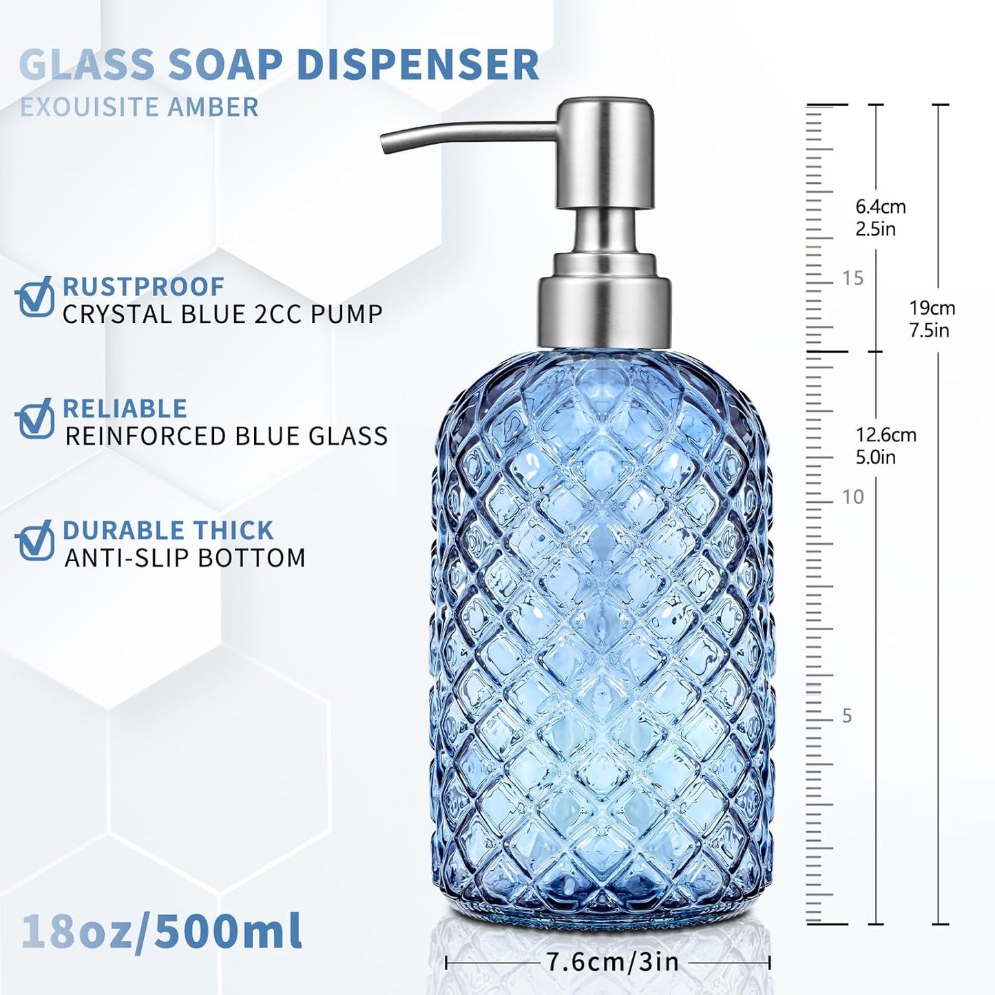 Blue Glass Soap Dispenser Gem Patterned with 304 Stainless Steel Pump 18 oz for Kitchen Dish Soap and Bathroom Hand Soap Bottle