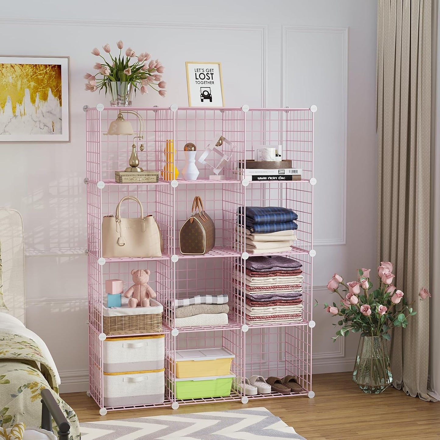 C&AHOME Wire Cube Storage, 12 - Cube Organizer Metal C Grids, Modular Shelves Units, Closet Organizer, Ideal for Home, Office, Living Room, 36.6”L x 12.4”W 48.4”H, Pink UWCS3012P