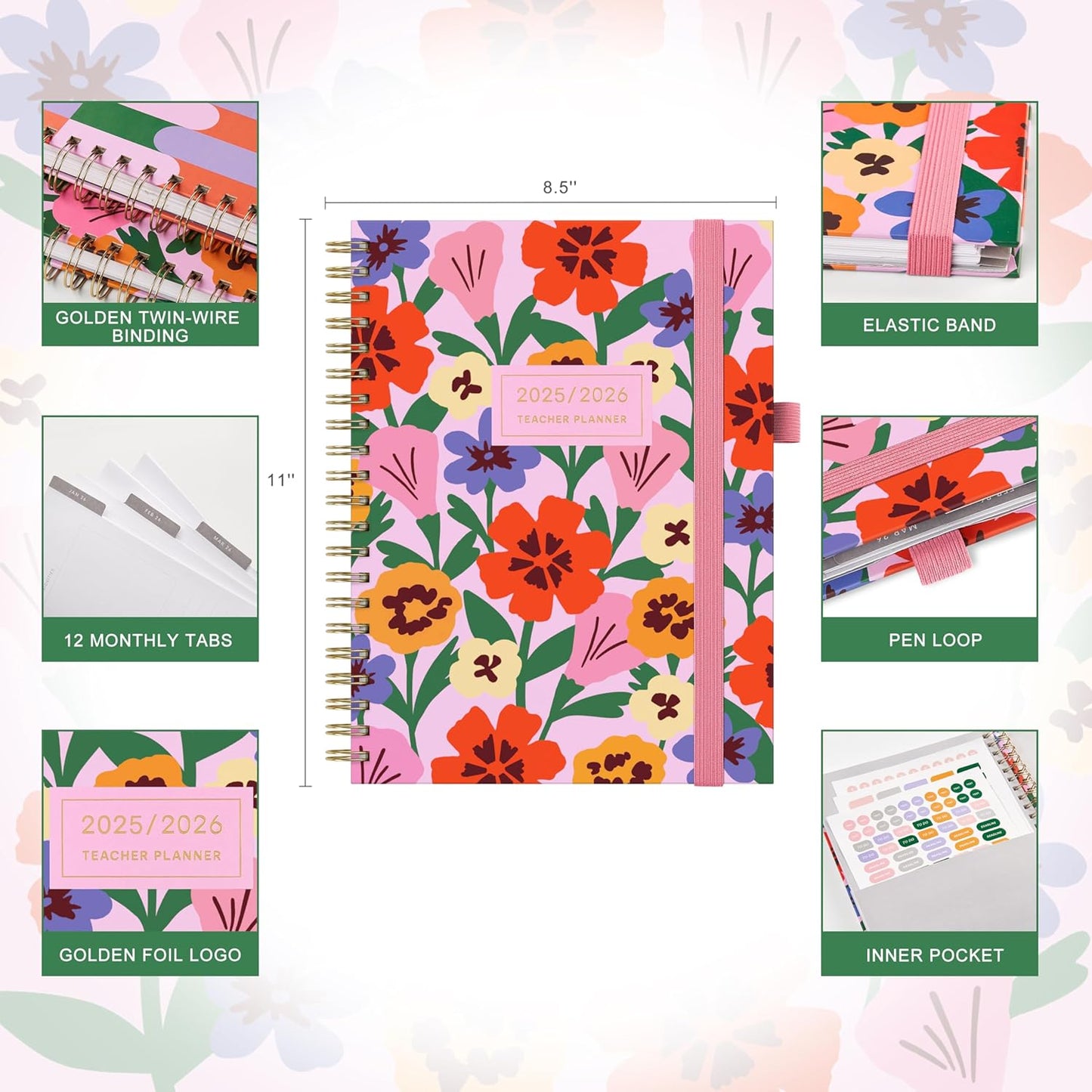 And Per Se Teacher Planner 2025-2026 Academic Year -Teacher Lesson Planner from July 2025 to June 2026, 8.5" x 11", Weekly & Monthly Planning for Teachers with Monthly Tabs, Stickers (Elegant Florals)
