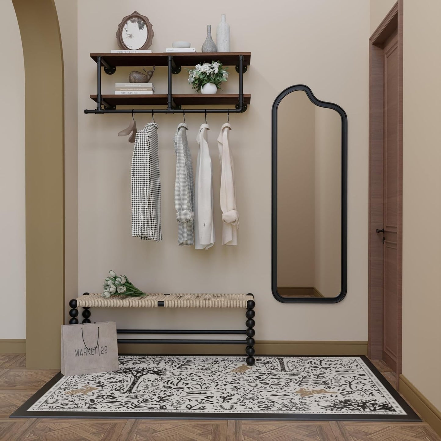 Wall Mounted Clothes Rack 12 Inch Deep, 42 Inch Heavy Duty Garment Rack with Real Walnut Wood Shelf, Multi-Purpose Hanging Rod & Space-Saving Closet Storage Organizer