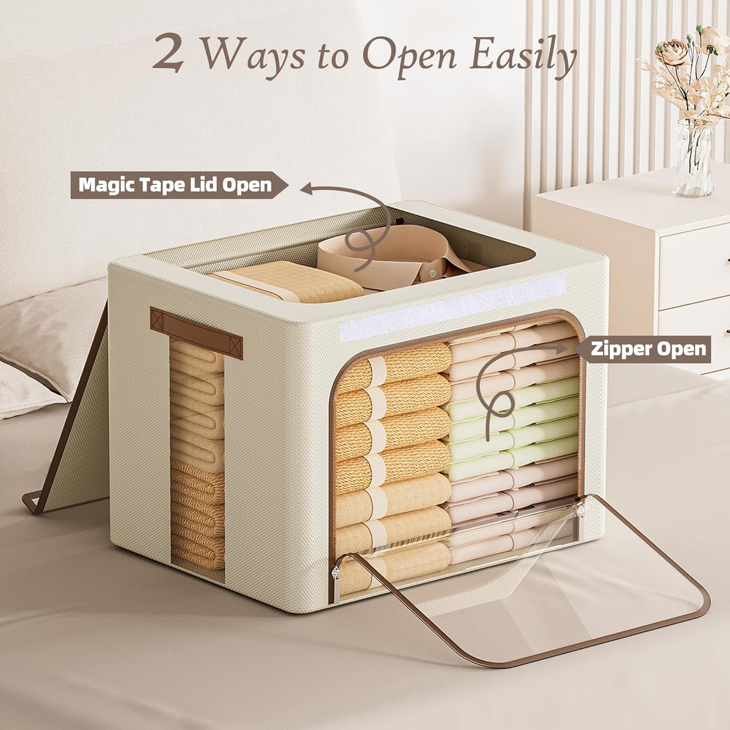 Yecaye Clothes Storage Bins with Metal Frame, Foldable Clothing Storage Bin with Lid, Stackable Oxford Fabric Organizer Box With Clear Window & Zippers & PU Leather Handles (3 Pack,Beige,40L)