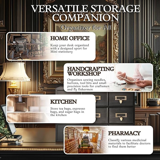 Flexzion Apothecary Cabinet with Drawers - 9 Vintage Apothecary Drawers Desktop Organizer for Home & Office - Wooden Tabletop Library Card Catalog Cabinet Storage for Jewelry, Makeup & Tools, Black