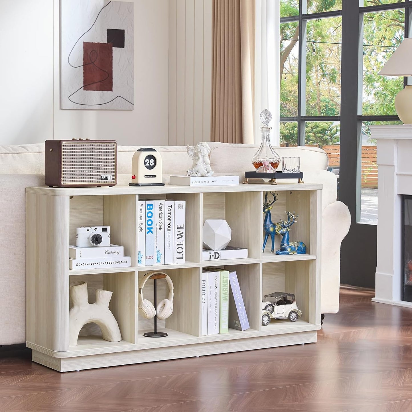 8 Cube Storage Bookcase, 52" Long Horizontal Book Shelf w/Curved Edge, Wooden Floor Standing 2-Tier Cubby Console Bookshelf with Base, Modern Low TV Stand for Living Room, White Cream Oak
