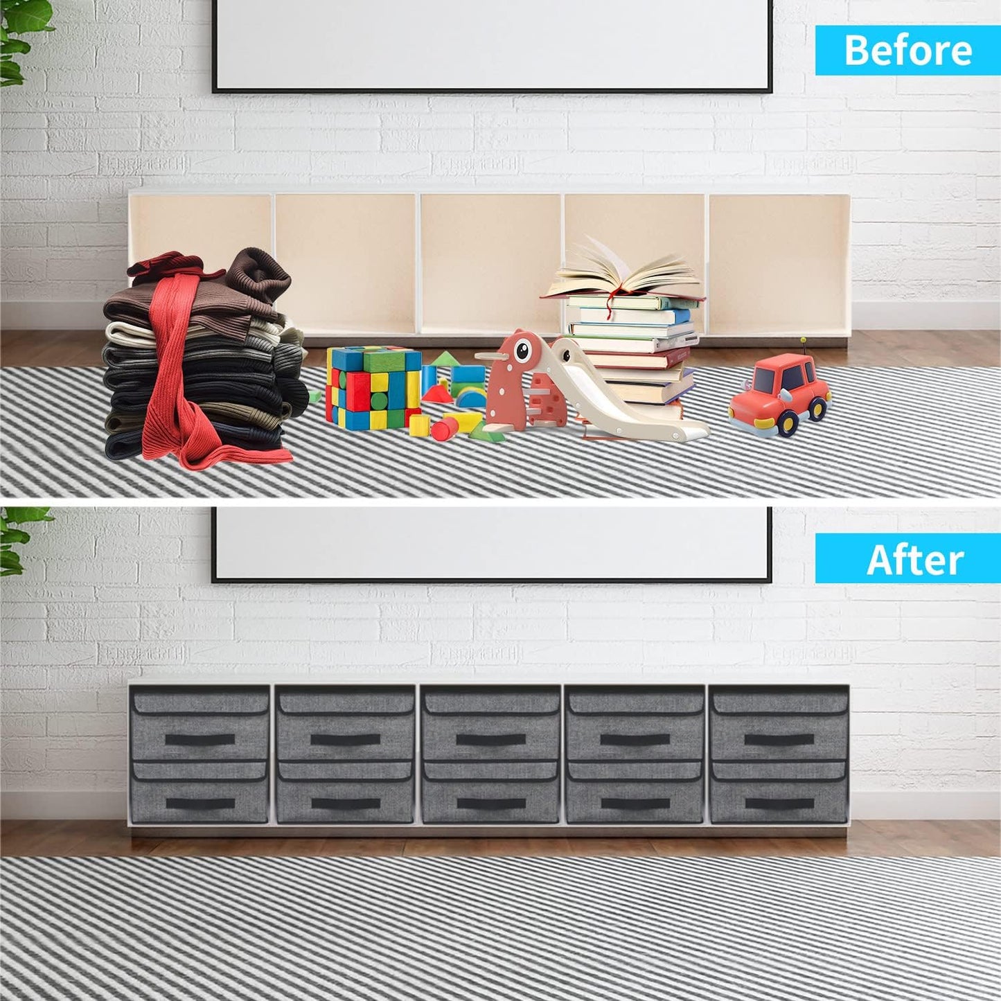 Onlyeasy Foldable Storage Bins Cubes Boxes with Lid - Storage Box Cube Cubby Basket Closet Organizer Pack of Two with Leather Handles for Closet Bedroom, 13"x13", Black, 8MXALB2P