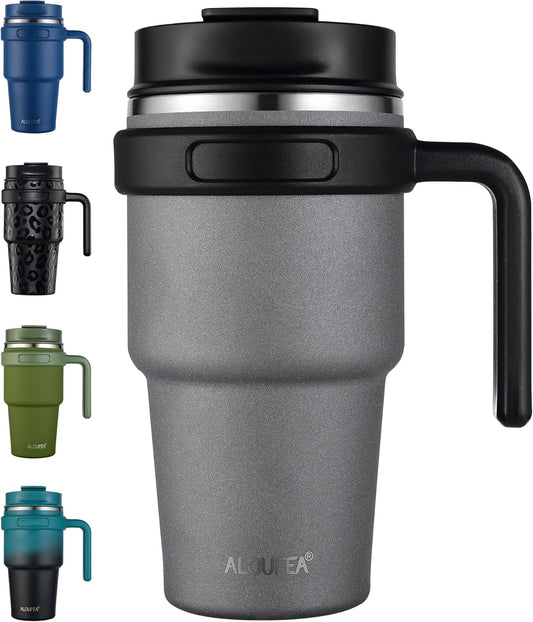 ALOUFEA 20 oz Insulated Coffee Mug Tumbler with Handle, Stainless Steel Travel Mug Tumbler with Lid and Straw, Double Wall Vacuum Leak Proof Ice Coffee Thermal Cup, Gray