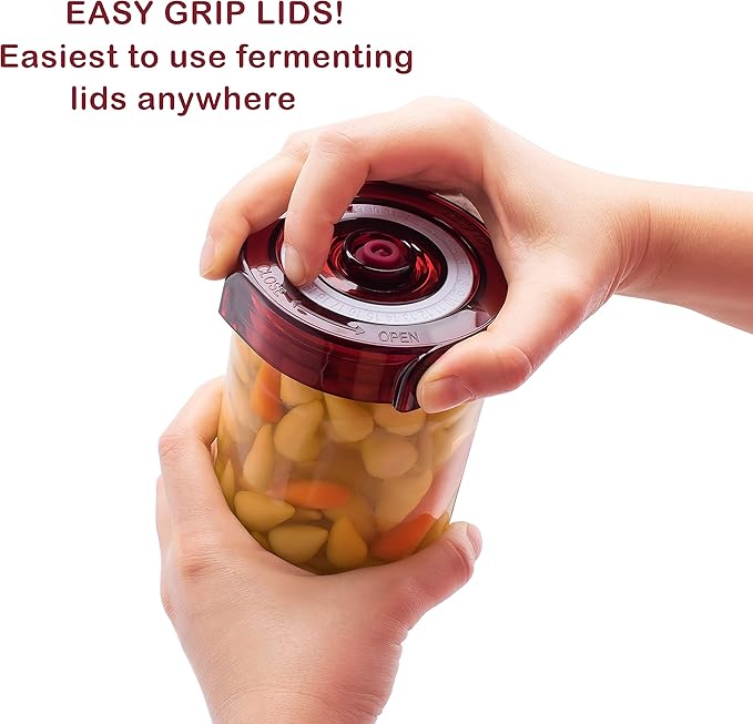 Mason Jar Fermentation Kit - Food Grade Fermenting Lids for Wide Mouth Mason Jars, includes Easy Grip Fermenter Lids 4-Pack, Weights and Pump - a Great Starter Sauerkraut Fermenting Kit, Brillenti