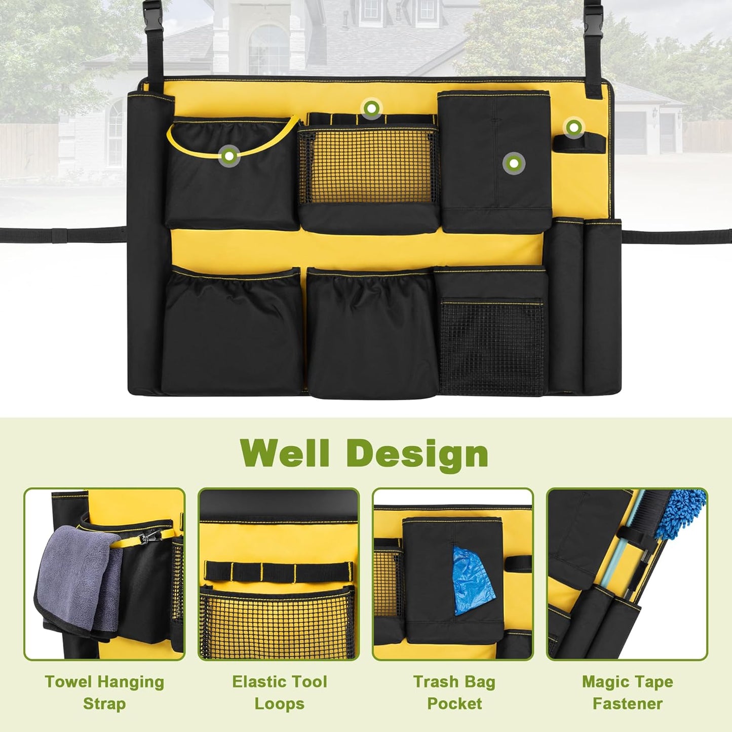 32-55 Gallon Trash Can Caddy Bag, Garbage Bin Apron Caddy with Multiple Pockets for Cleaning Supplies, Cleaning Tool Organizer with Adjustable Buckle for Janitorial Trash Can, Black+Yellow