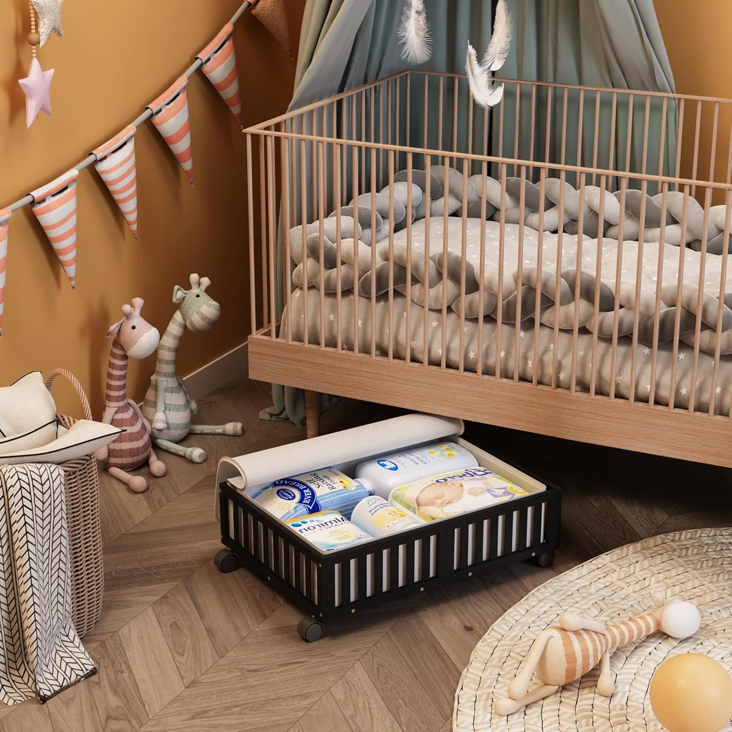 Bamboo Under Bed Storage Containers with Wheels, 2 Pack Under the Bed Shoe Storage Bins, Wood Rolling Underbed Drawers Organizer for Bedroom, Closet, Clothes Blanket Comforter and Under Crib Toy Black