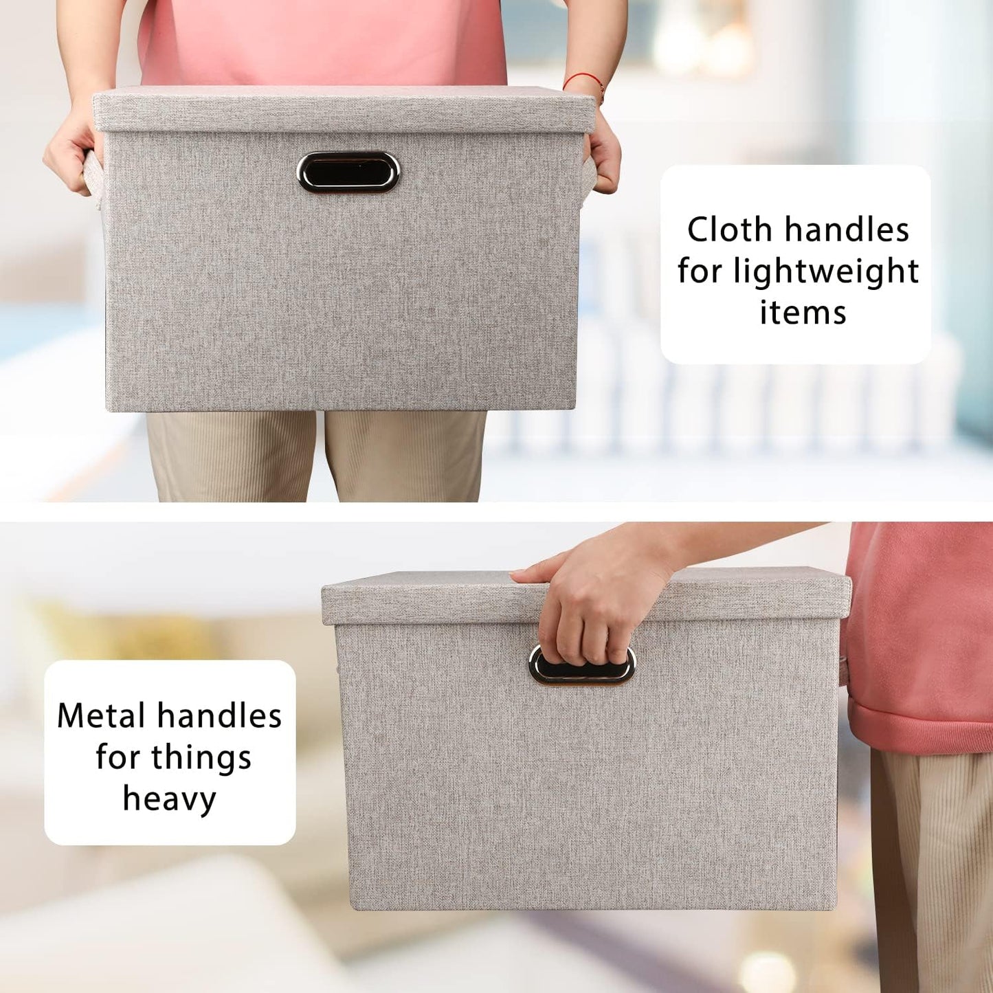 Large Quart Collapsible Stackable Storage Bins with Lids, 3 Packs Beige Linen Fabric Closet Boxes with Lids, Storage Cube Baskets Container Organizers for Bedroom Office(16.6 x 11.7 x 10.8)