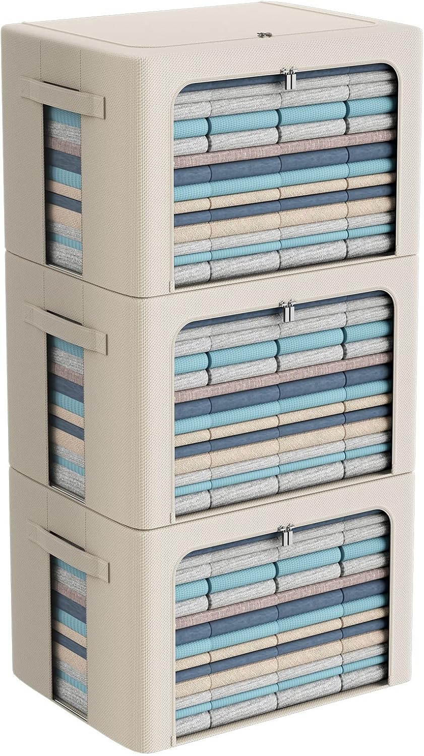 3Pack Frame Storage Box - Clothes Storage Bin Bags Oxford Fabric Foldable Stackable Container Organizer Set with Clear Window & Carry Handles Large Capacity (Beige, Extra Large-100L)