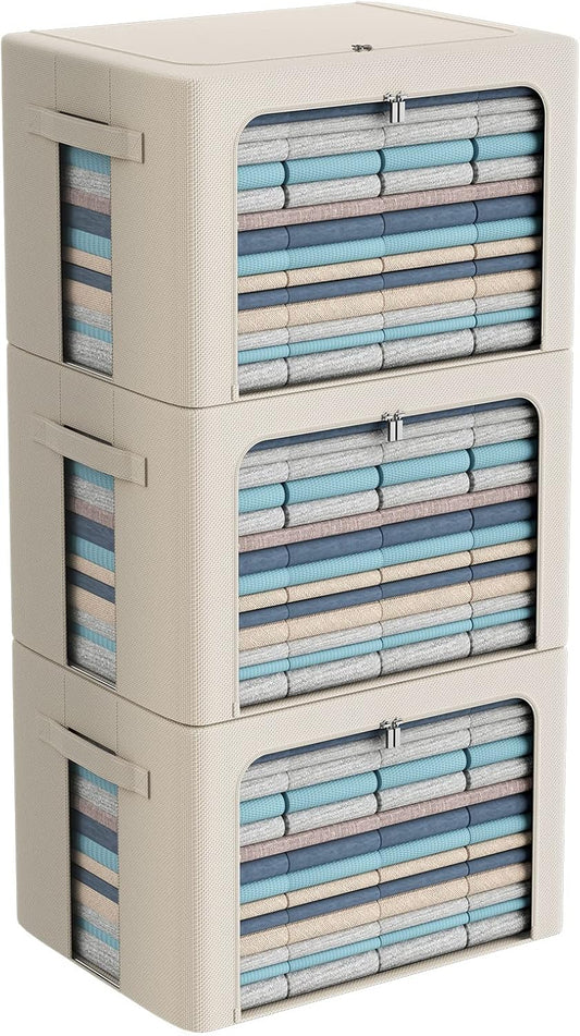 3Pack Frame Storage Box - Clothes Storage Bin Bags Oxford Fabric Foldable Stackable Container Organizer Set with Clear Window & Carry Handles Large Capacity (Beige, Extra Large-100L)