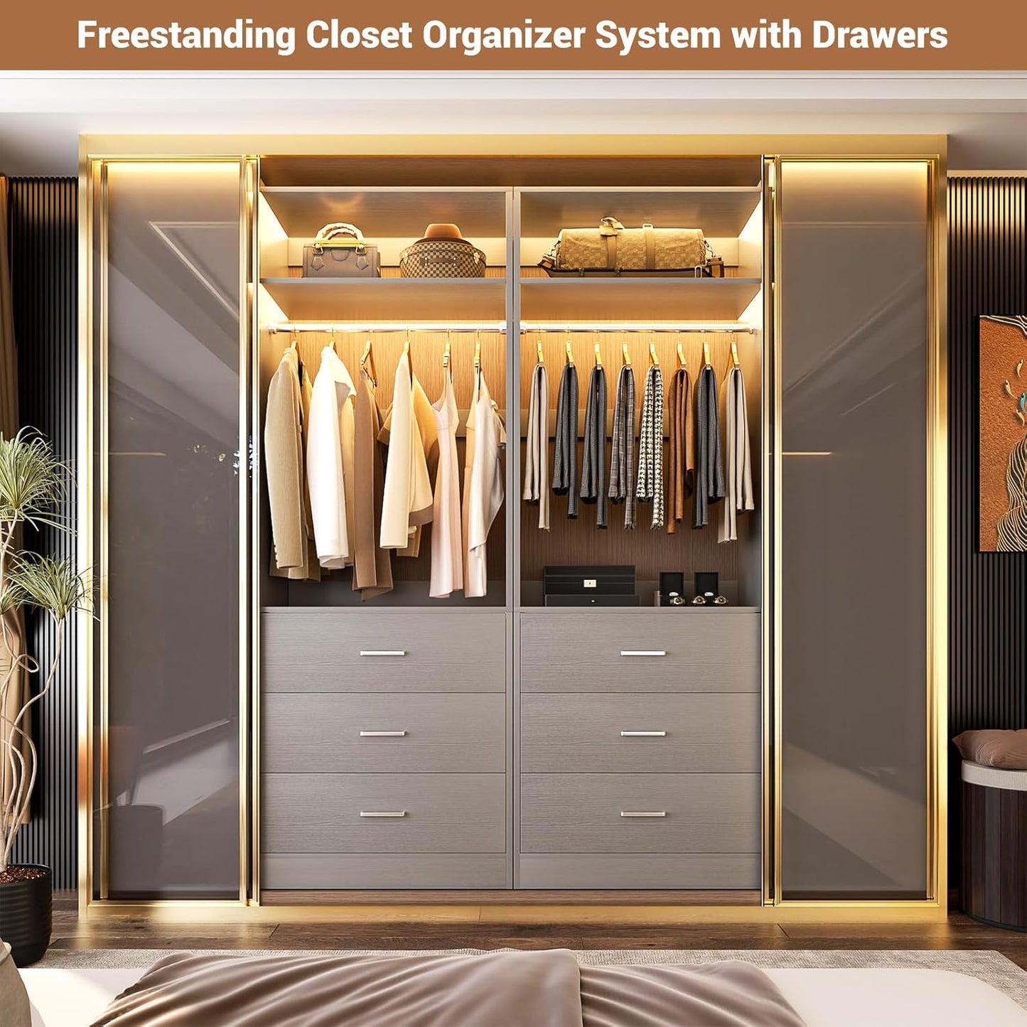 Freestanding 2FT Closet System with 3 Wood Drawers, 24" Closet Organizer System with Hanging Rod & Shelves, Walk-in Closet Systems for Small Closets, Grey (24"L x 15" W x 80" H)