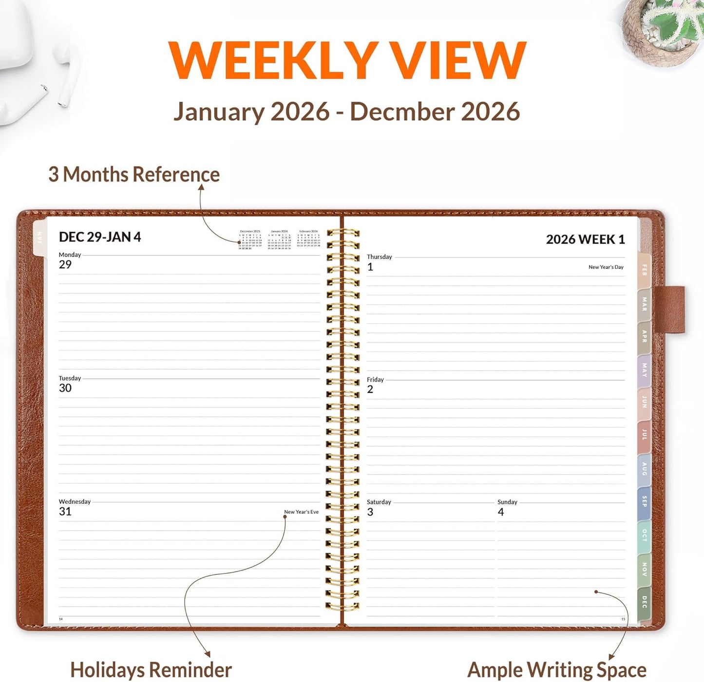 SUNEE 2026 Weekly & Monthly Planner 9"x11.2"- 12 Month (January 2026 - December 2026), Vegan Leather Cover, Pocket, Bookmark, Notes, Monthly Tab, Brown