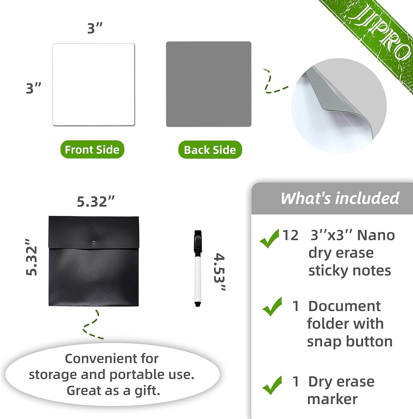 Dry Erase Sticky Notes. Reusable Whiteboard Stickers 3"x3" 12 Pack. Suitable for All Smooth Surface. Great for Labels, Lists, Reminders and Decals. Washable, Removable and Eco-Friendly