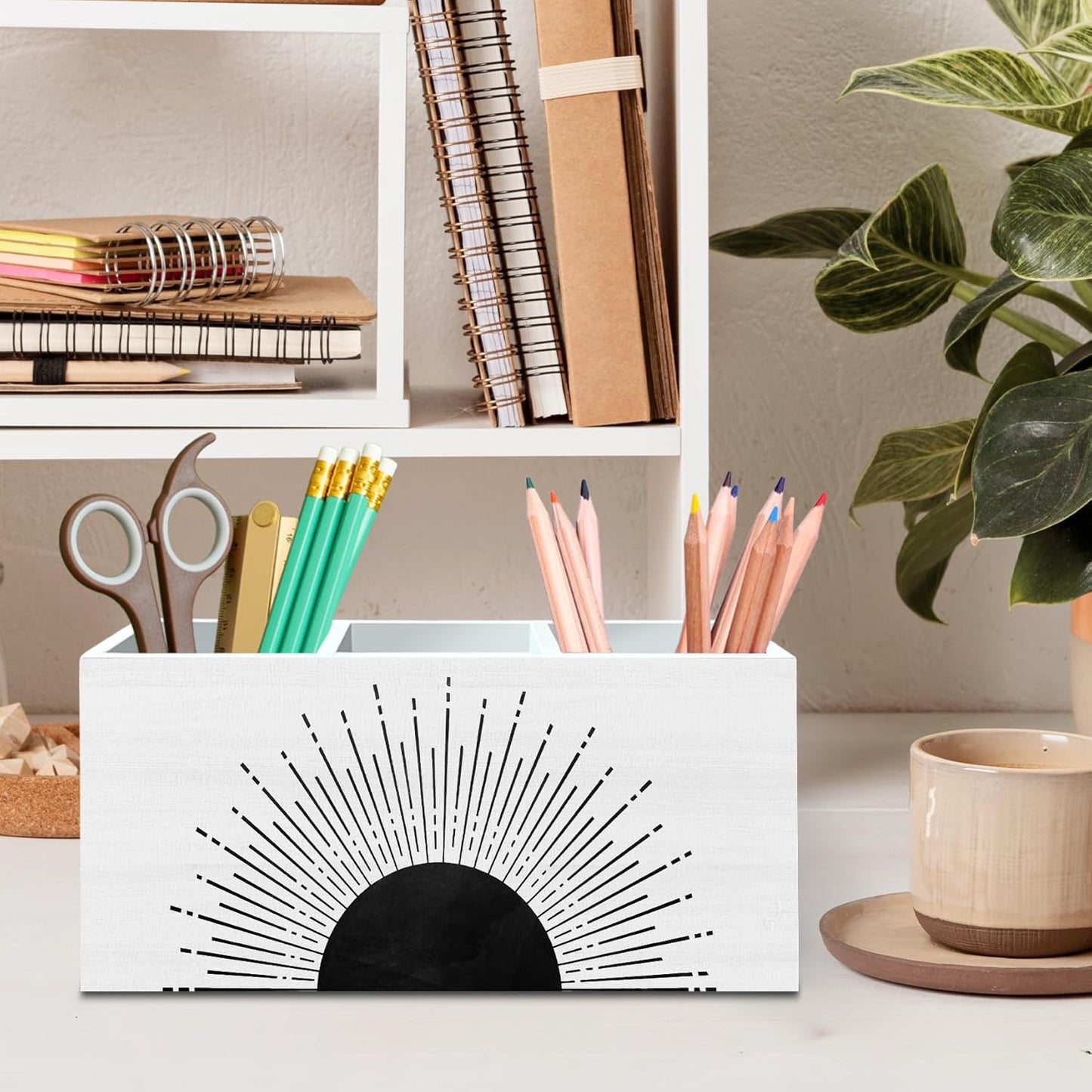DILSJ Boho Abstract Sunshine Pen Pencil Holder Organizer for Desk, Boho Office Decor, Black and White Mid Century Modern Minimalist Sunshine Wooden Box Signs for Home Office Desk Tabletop Decoration