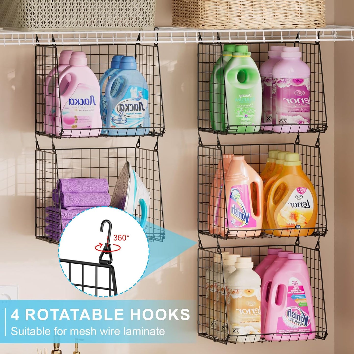 3-Pack Extra-Tall 13.6'' Hanging Laundry Basket Organizer, Foldable Wire Shelf with 360° Rotating Hooks & Reinforced Height - Durable Space-Saving Laundry Room & Closet Organizer, White Patent
