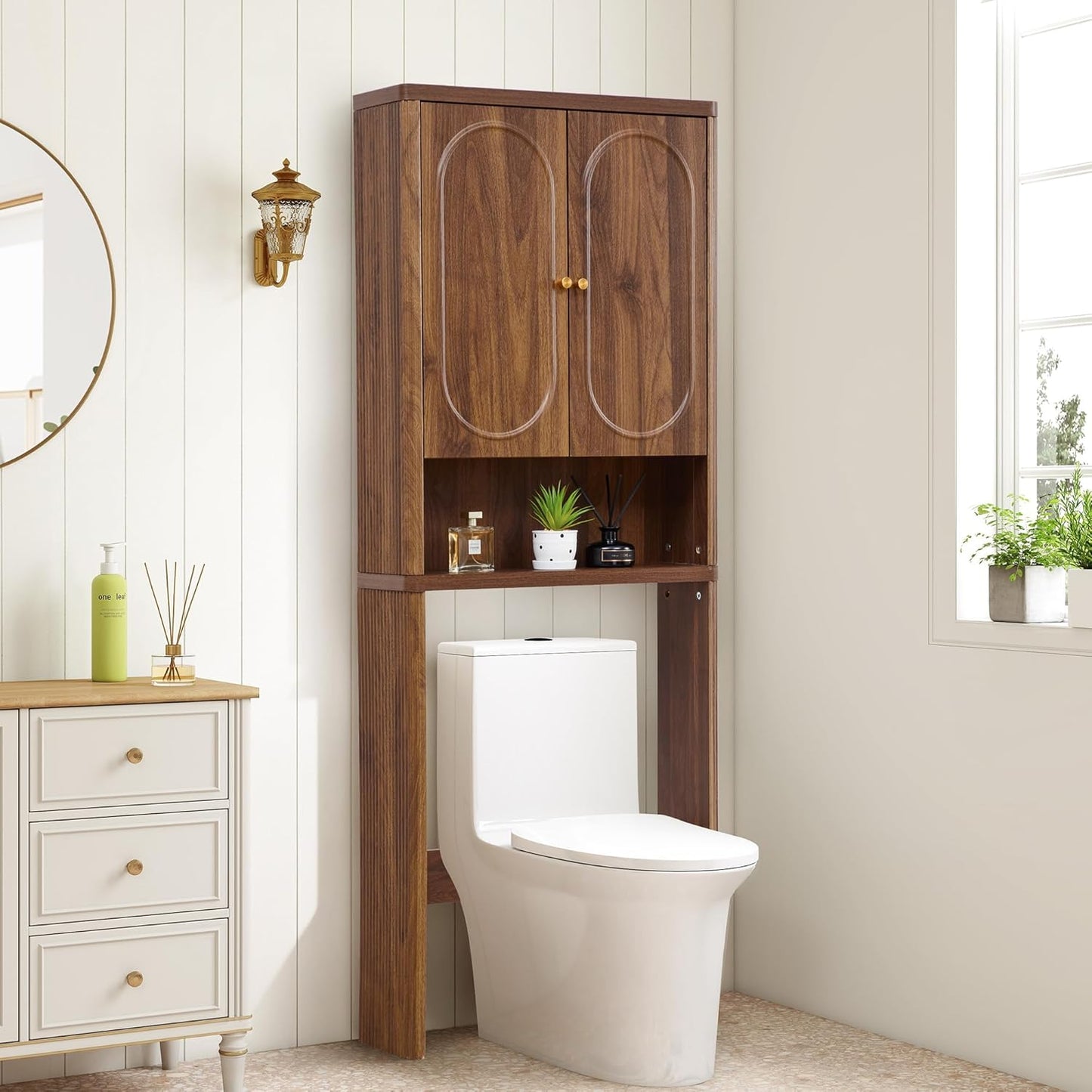 Fluted Over The Toilet Storage Cabinet, Bathroom Toilet Storage Cabinet with Door, Wood Curved Over The Toilet Space Saver Cabinets for Restroom Bathroom, Walnut