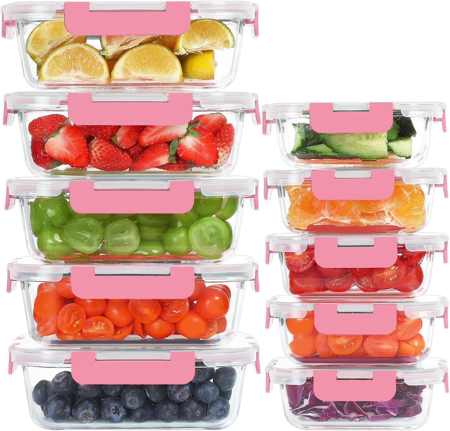 KOMUEE 10 Pack Glass Food Storage Containers, Meal Prep Containers with Lids, Airtight Glass Lunch Boxes, Freezer, Oven, and Microwave Safe, Pink