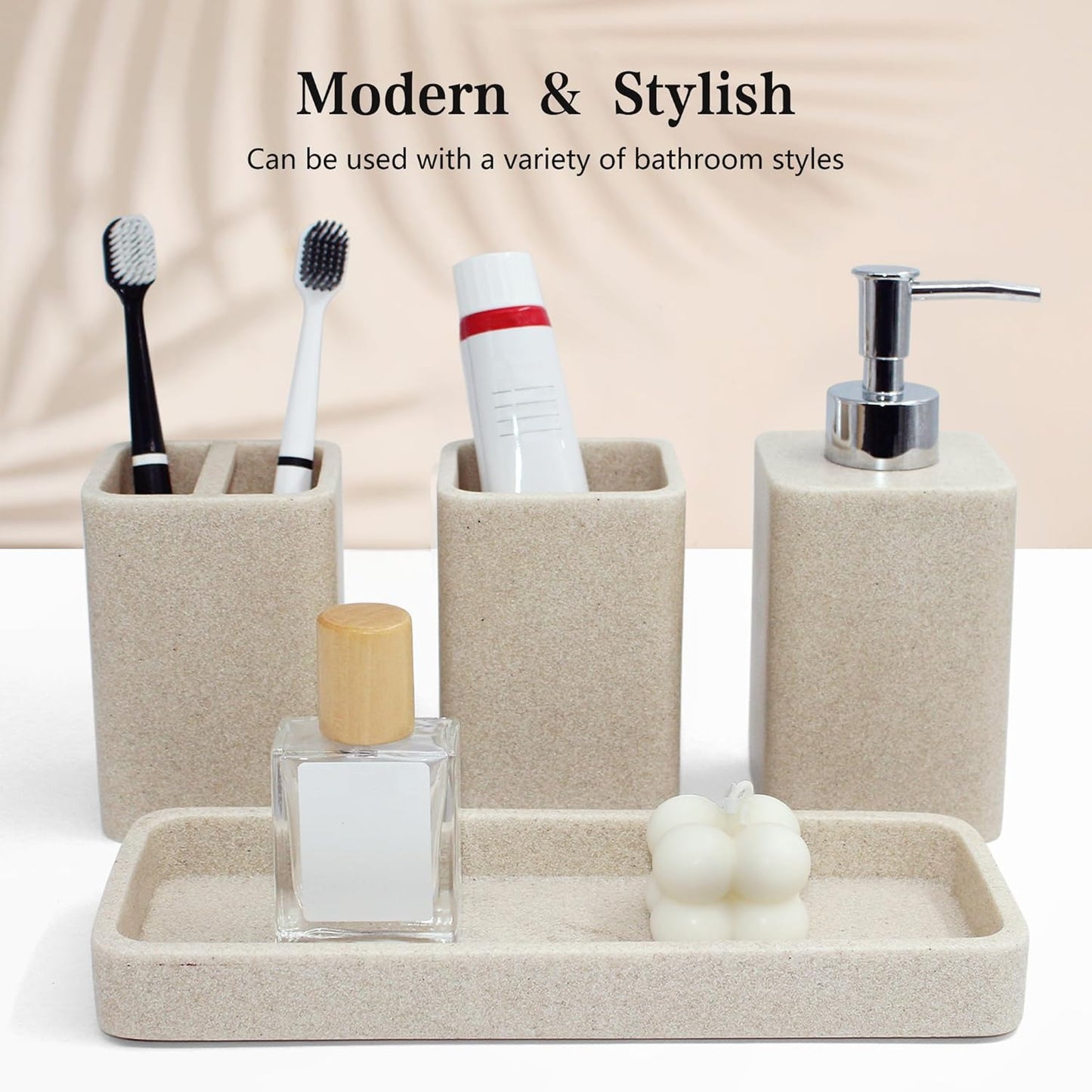 Bathroom Accessories Set, 4 Pcs Bathroom Accessory Set, Soap Dispenser, Toothbrush Holder, Qtip Holder Set, Bathroom Sets Complete, Bathroom Sink Set for Modern Home, Beige