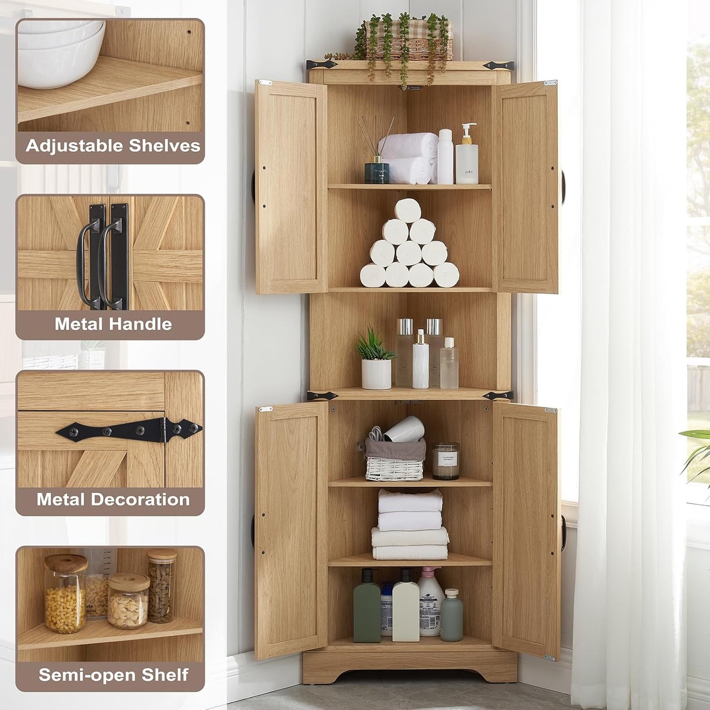 Tall Farmhouse Corner Cabinet with 4 Doors and Adjustable Shelves, Farmhouse Storage Cabinet with Barn Door Design, Home Space Saver for Living Room, Kitchen, Laundry Room (Natural Oak)