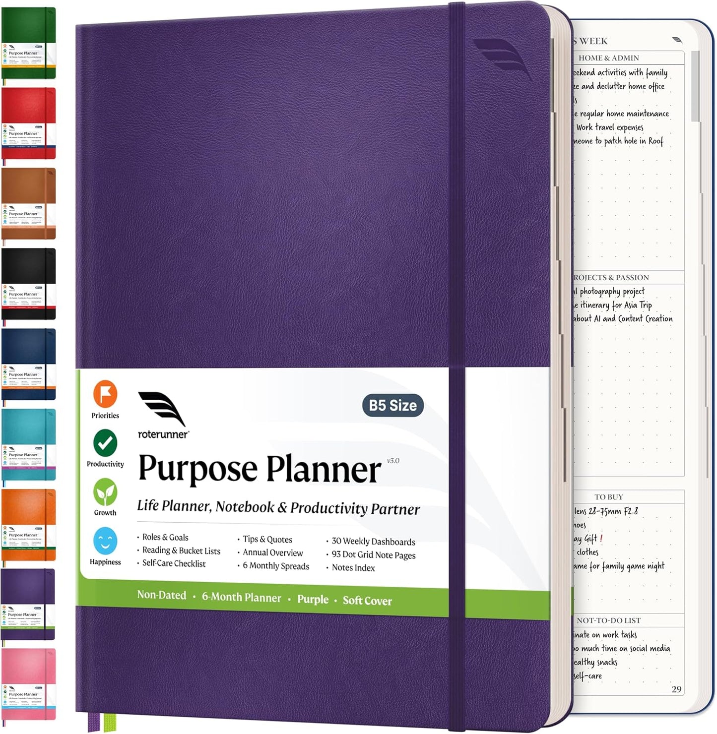 Roterunner Purpose Planner Notebook B5 7.5”x9.8” Undated 2026 Daily Weekly and Monthly Productivity Goal Setting Tool for Work Home ADHD Planner for Adults Self Care Journal (Purple Softcover)