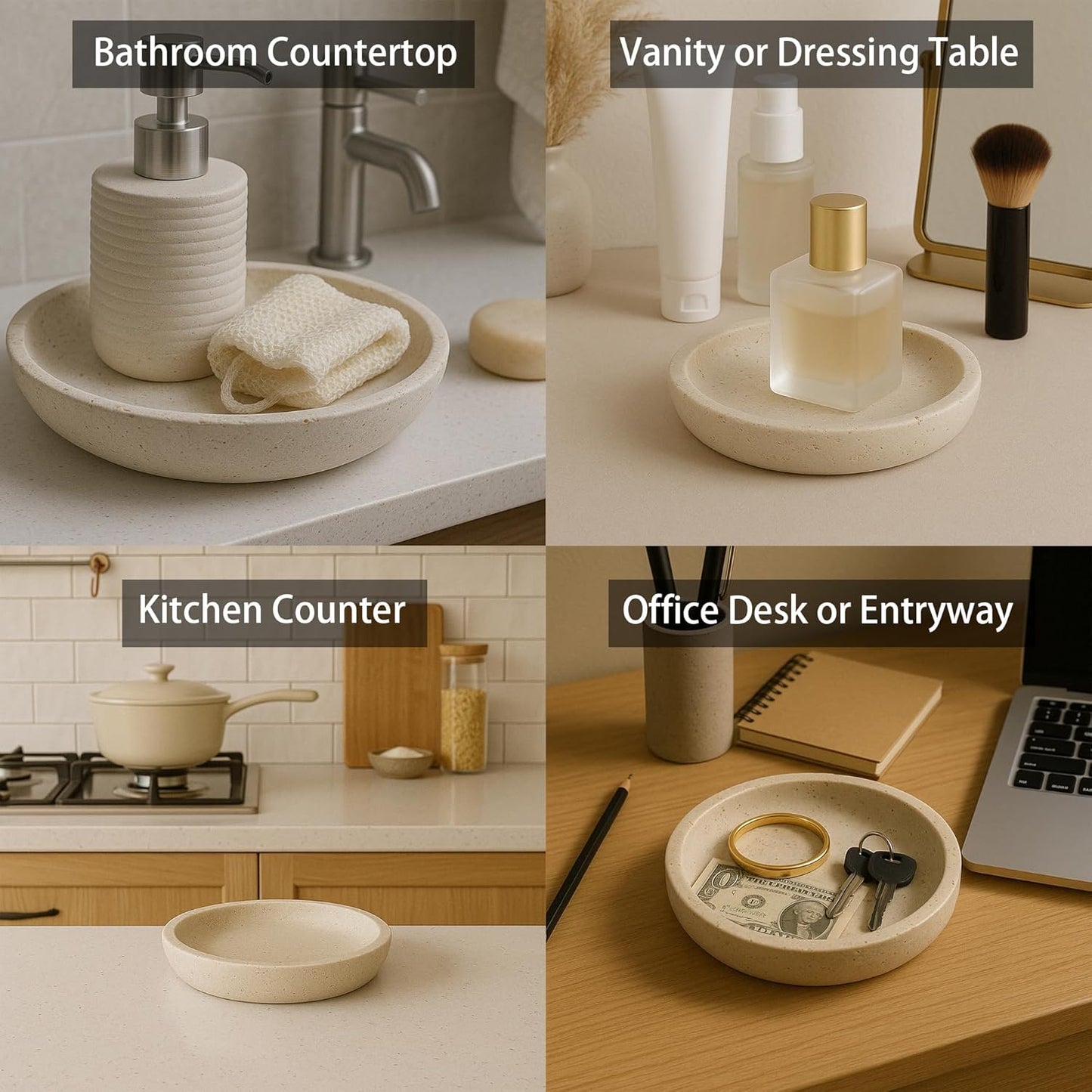 Natural Travertine Round Decorative Tray - 8-inch Beige Stone Vanity Bowl, Anti-Slip Organizer Plate for Bathroom, Kitchen, Home Décor, Candles, Jewelry Display, 3/4-inch Height