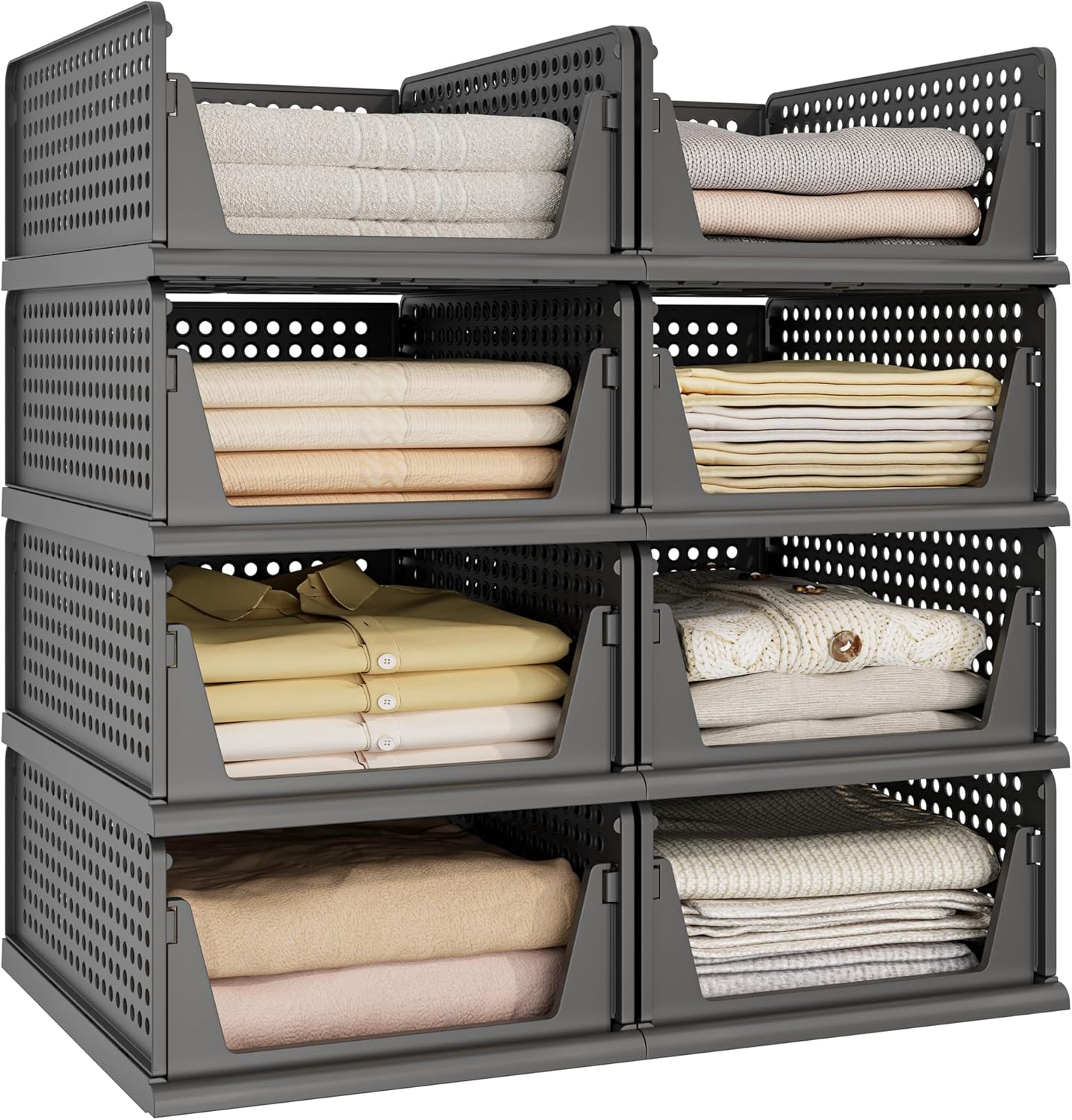 Pinkpum 8 Pack Closet Organizers and Storage Plastic Stackable Storage Bins, Foldable Drawer Shelf Storage Container for Wardrobe Kitchen Bathroom Dorm Black