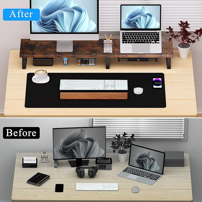 Aothia Dual Monitor Stand Riser - Metal Leg Monitor Stand with Drawer, Desk Shelf for PC, Laptop & Screen (Vintage)