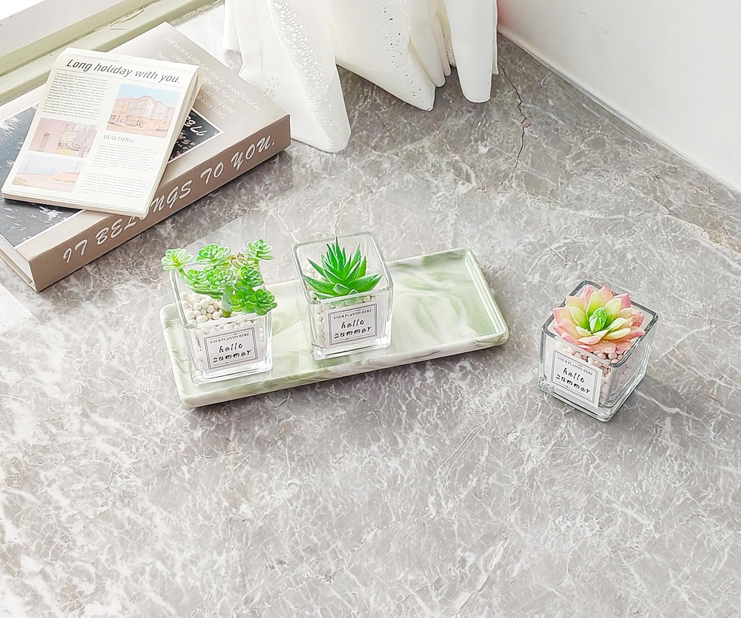 9.2" Porcelain Small Bathroom Tray, Ceramic Countertop and Vanity Tray for Cosmetics, Perfume, Jewelry, Candle - Kitchen Soap Tray for Kitchen Counter (Green)