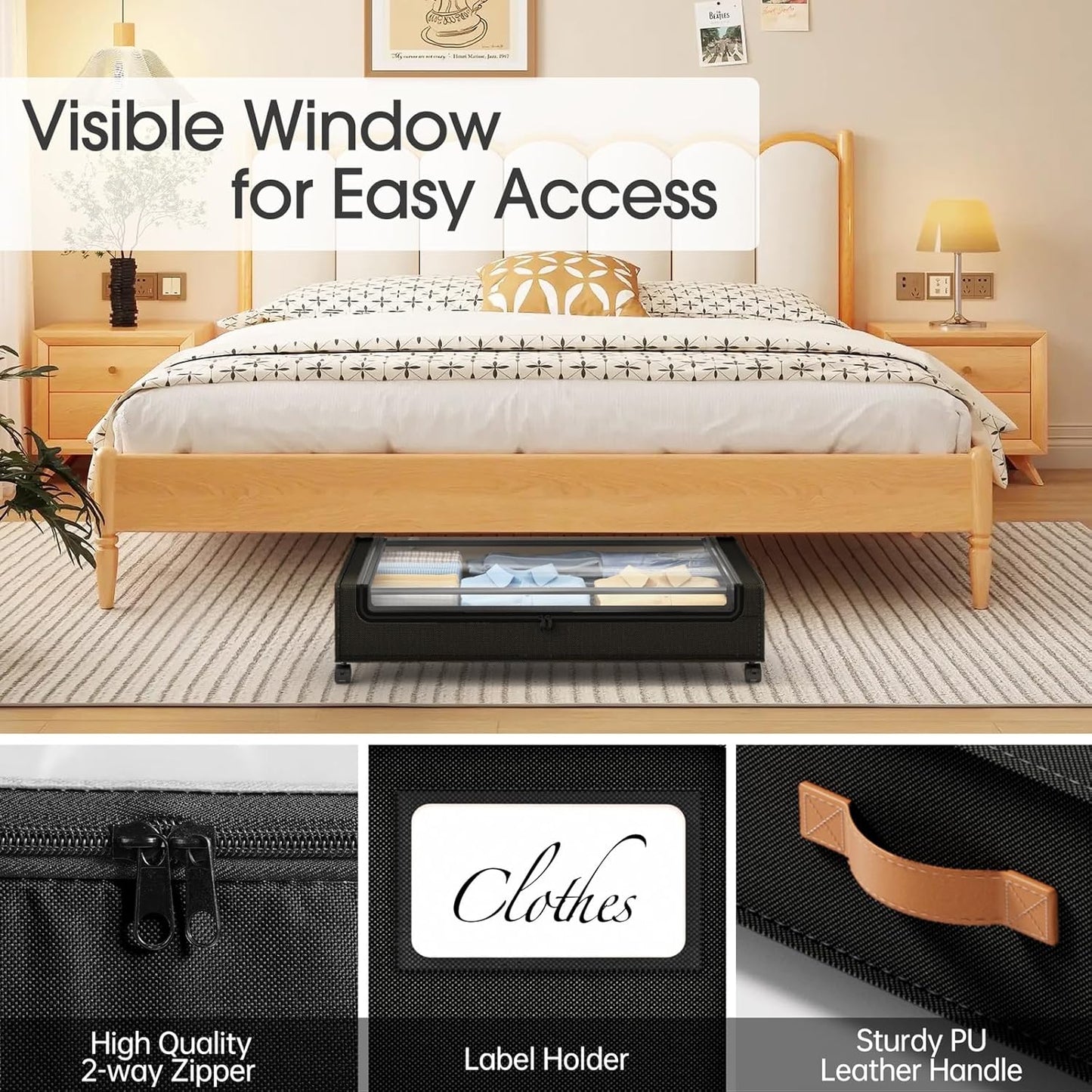 Yecaye 4 Pack Under Bed Storage with Wheels, Under Bed Storage Containers with Lids, Large Under Bed Rolling Storage with Clear Window & Label, Rolling Drawers for Clothes, Blankets, Books