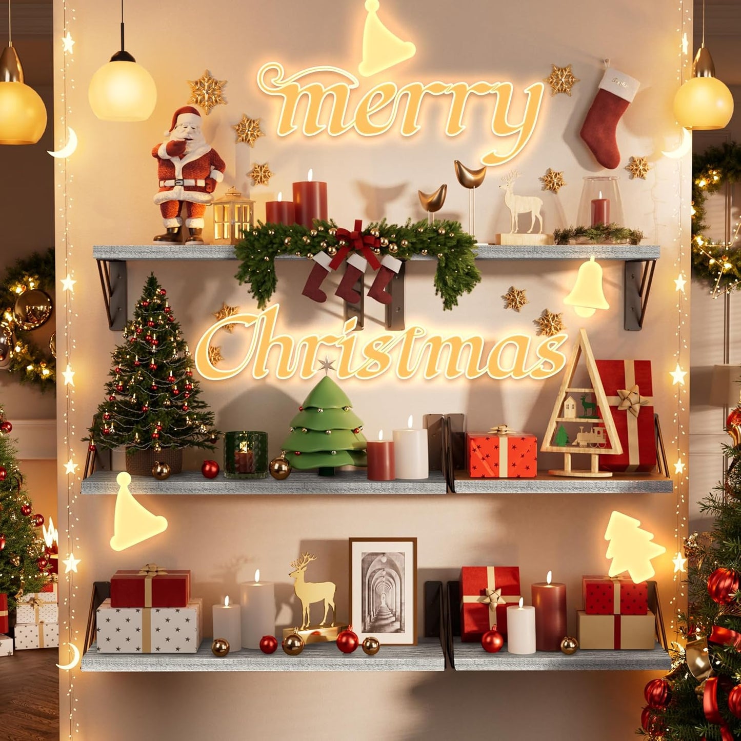 BAYKA Wall Shelves for Bedroom Decor, Floating Wall Shelves for Living Room Kitchen Storage, Mounted Rustic Wood Floating Shelves for Kids Books,Corner Shelves for Bathroom(Gray White，Set of 3)