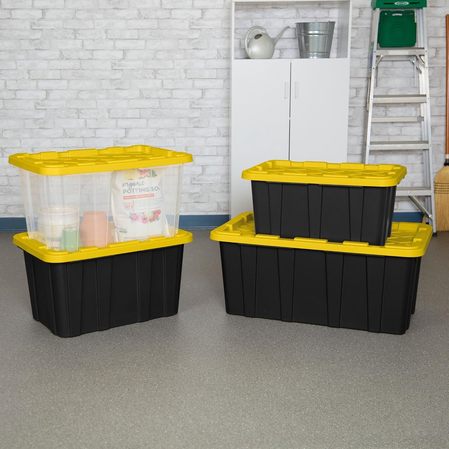 Sterilite 8-Pack 27 Gallon Industrial Tote, Clear Plastic Storage Container Bins with Yellow Lids - Heavy-Duty Organizing Containers for Closet, Bathroom, and Office