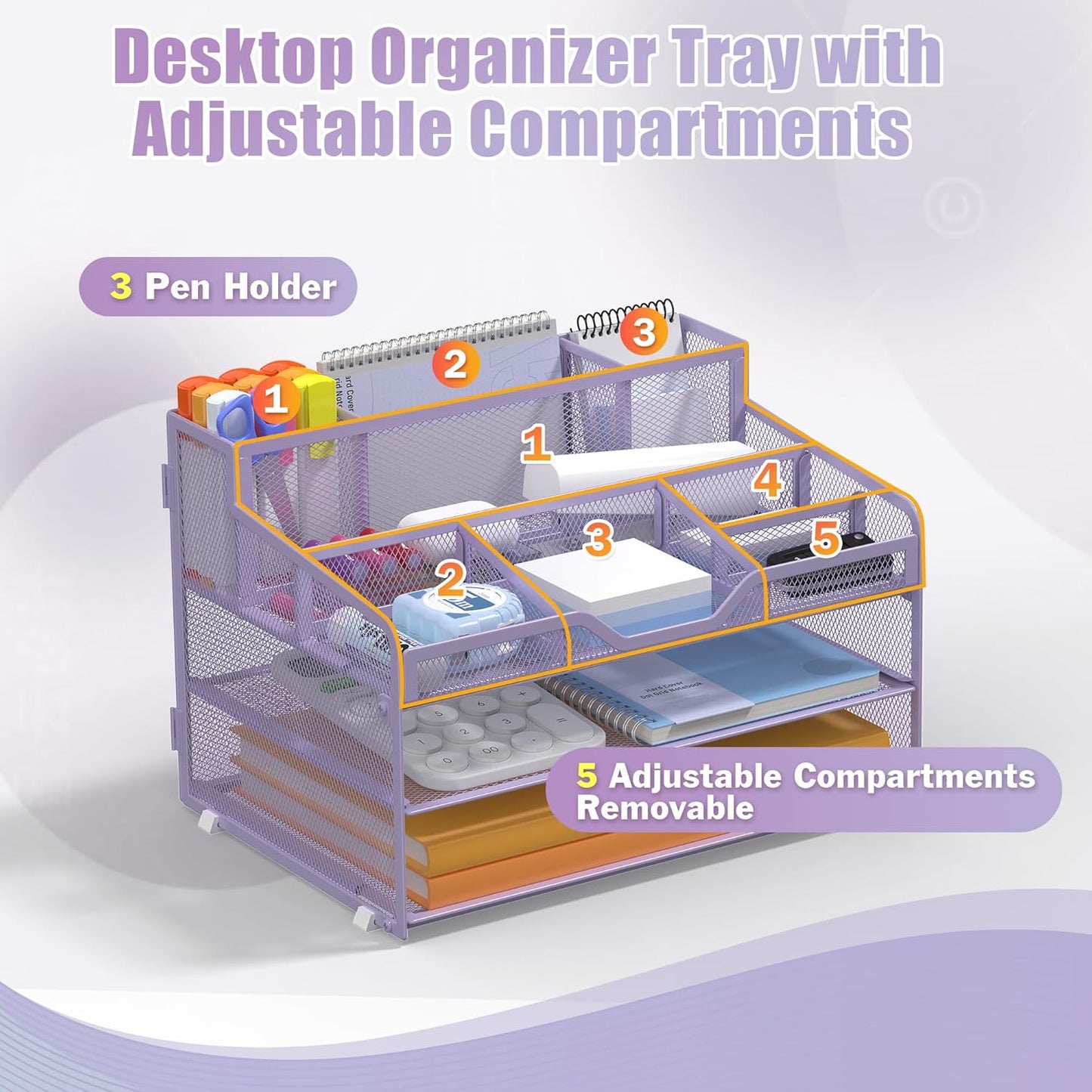 Docnest 3 Tier Mesh Desk Organizer for Paper Office Supplies – Multi-Functional Letter Tray with 5 Adjustable Compartments, 3 Pen Holders, Desktop Storage for Files, Mail, Stationery – Purple
