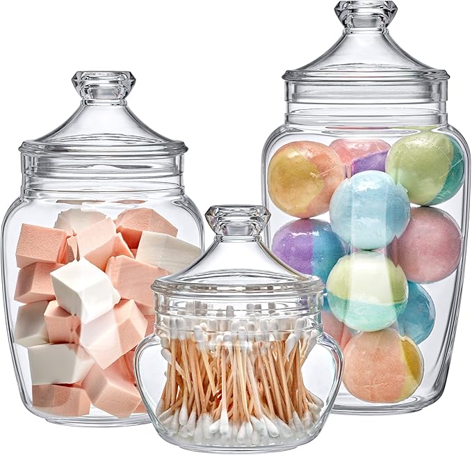 Amazing Abby - Embrace - Plastic Bathroom Canisters (3-Piece Set, 42/24/60 oz), Acrylic Apothecary Jars for Vanity, BPA-Free and Shatter-Proof, Great for Cotton Balls and Bath Sponges (NOT Glass)