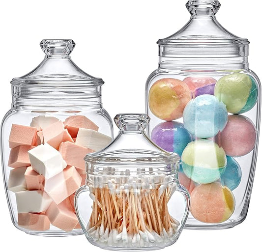 Amazing Abby - Embrace - Plastic Bathroom Canisters (3-Piece Set, 42/24/60 oz), Acrylic Apothecary Jars for Vanity, BPA-Free and Shatter-Proof, Great for Cotton Balls and Bath Sponges (NOT Glass)