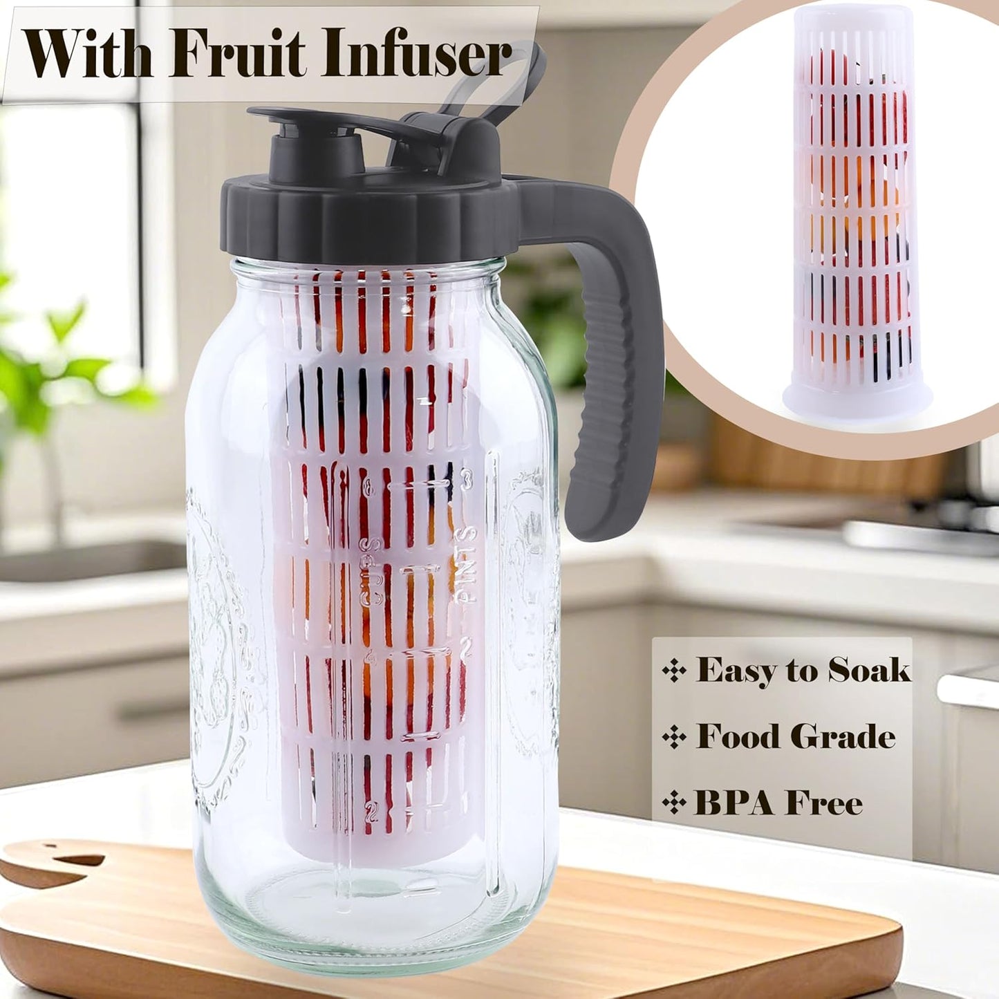 64 Oz Glass Mason Jar Water Pitcher With Infuser Half Gallon Mason Jug Carafe Wide Mouth 2 Quart Pitcher With Lid For Cold Hot Tea Coffee Lemonade beverage Breast Milk Juice Container For Fridge