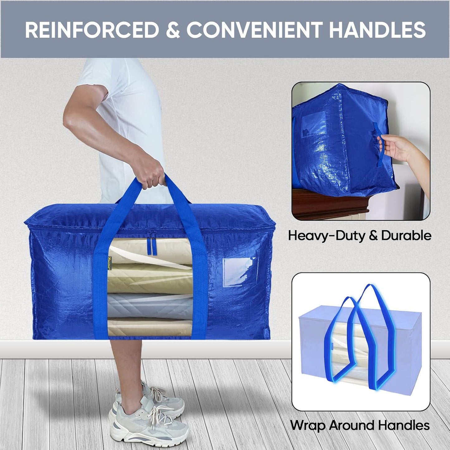 BALEINE 2-Pack Oversized Moving Bags with Reinforced Handles, Heavy-Duty Storage Tote Moving Supplies for Packaging, Camping (Blue w/Window, 2-Pack)
