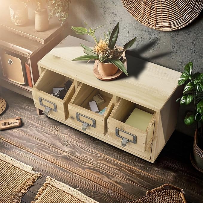 Flexzion Apothecary Cabinet with 4 Drawers - Vintage Natural Wood Desktop Organizer for Home & Office Supplies - Tabletop Wooden Storage for Catalog, Card, Jewelry, Makeup, Craft & Tools