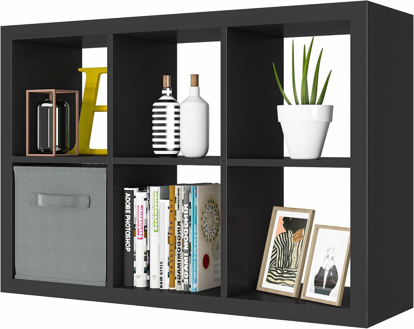 furtble Bookshelf with Storage Bins, 6 Cube Storage Organizer, Modern Wood Bookcase, Multifunctional Display Shelf for Living Room (Matte Black, 6 Cube)