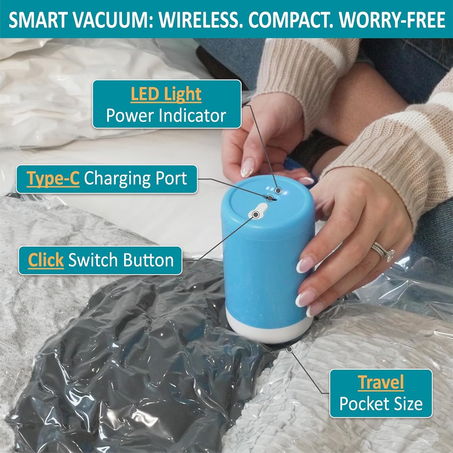 Cozy Essential 26 Pack Vacuum Storage Bags with Portable Electric Pump, Vacuum Seal Space Saver Bags for Clothing, Pillows, Blanket, Bedding, Comforters