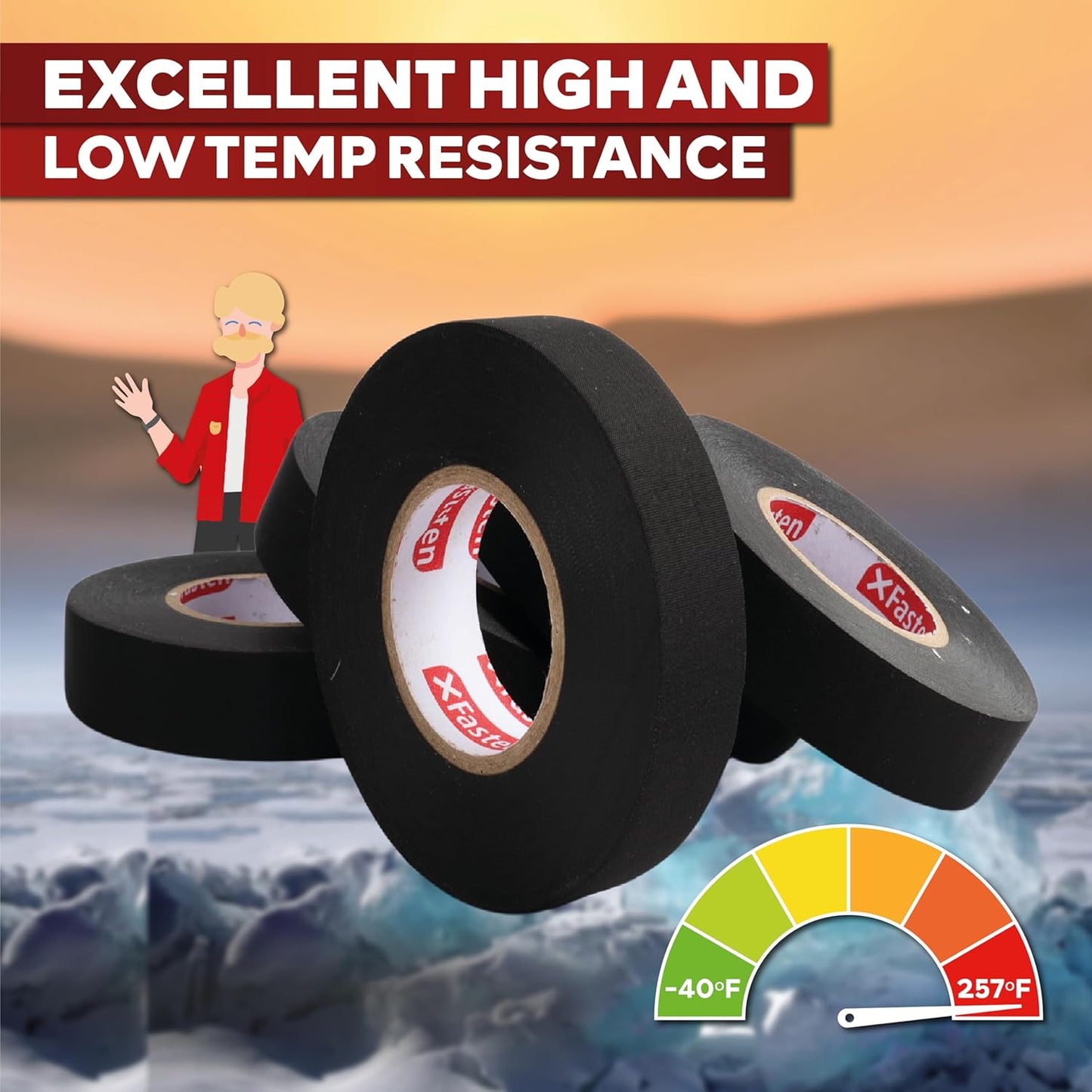 XFasten Black 3/4-Inch x 90-Feet (5-Pack) High-Heat Resistant Cloth Electrical Tape for Automotive Wire Loom